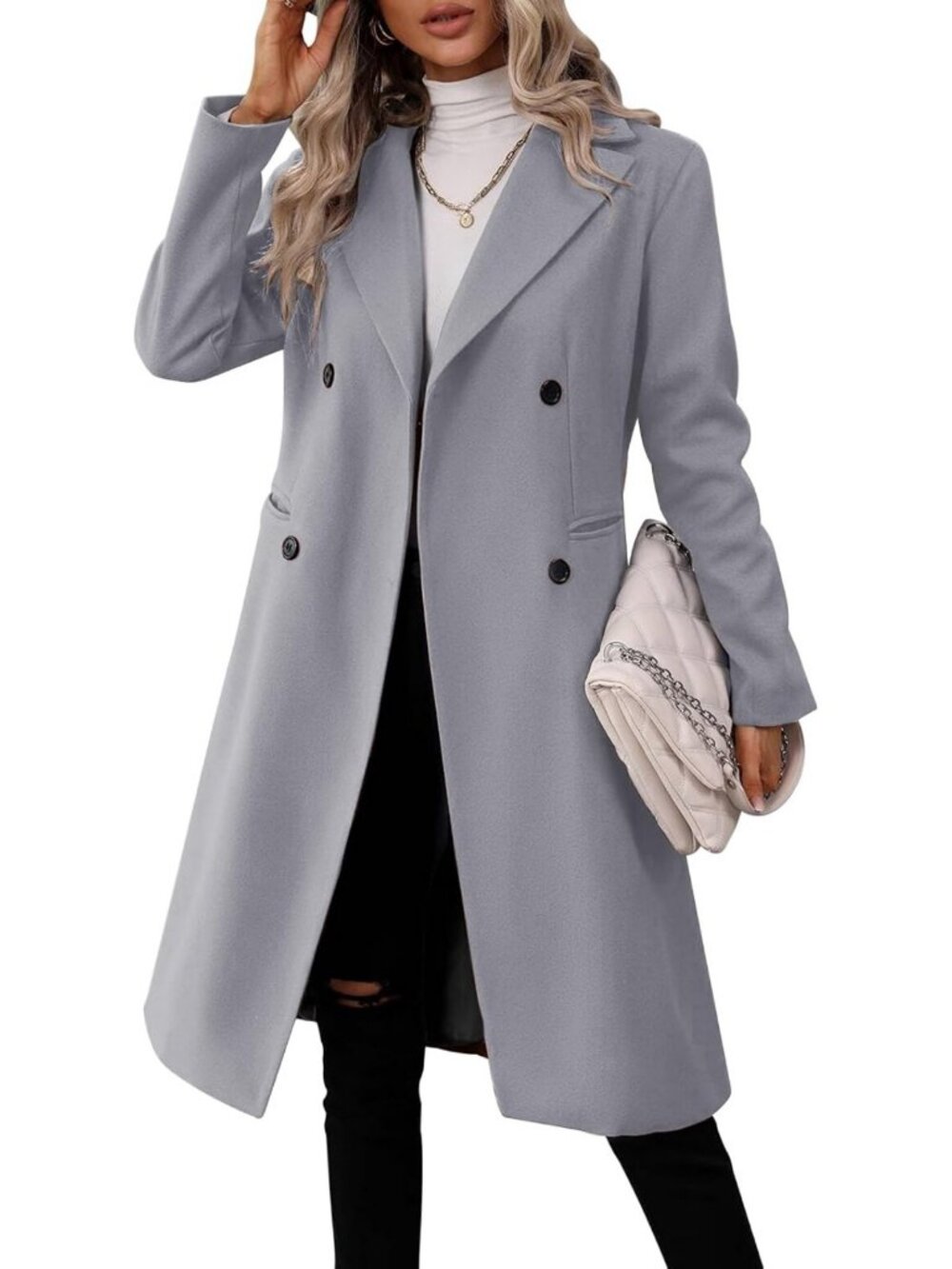 Chic Women's Long Double Breasted Peacoat with Lapel Collar - Slim Fit Winter